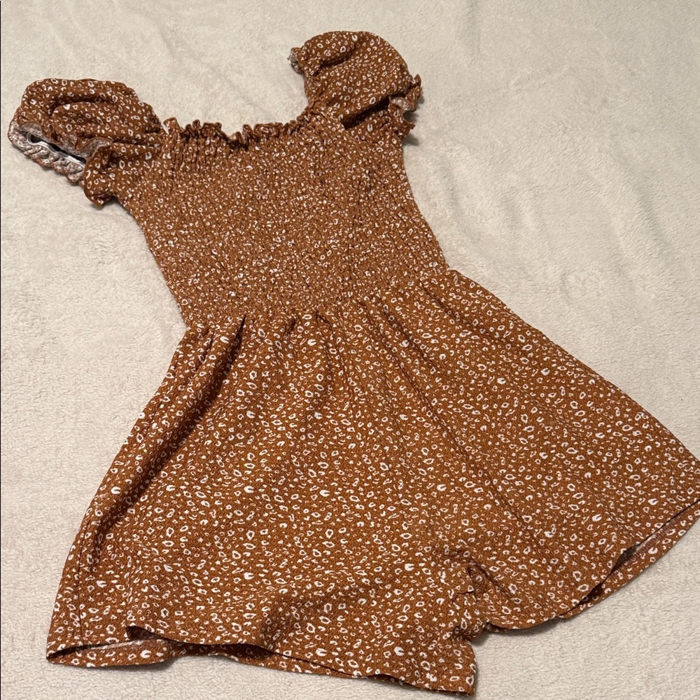 Streetwear Society Brown Floral Smocked Dress with Puff Sleeves
